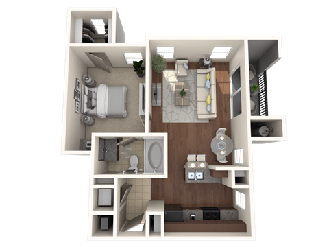 A 3D rendered image of a house layout.
